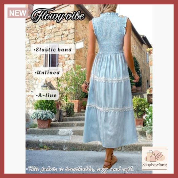 Striped Midi Dress Sleeveless Smocked Tiered Flowy Vintage Casual Summer - Picture 2 of 7